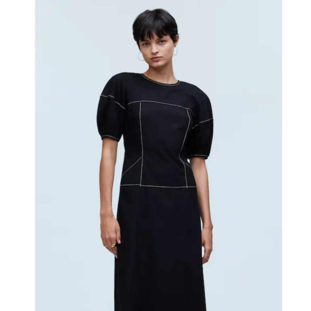 Madewell Black Puff-Sleeve Midi Dress with Contrast Stitching - Picture 2 of 9